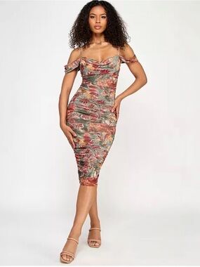Katie Rae Juniors ' Floral Off-Shoulder Ruched Mesh Midi Dress 22W